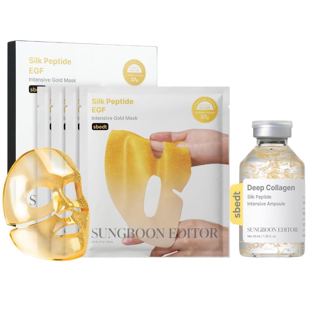 imageSUNGBOON EDITOR Silk Peptide Skincare Set Collagen Silk Peptide Intensive Ampoule 135 Fl Oz and EGF Intensive Gold Overnight Mask 4 Count  Hydrating Korean Skincare Bundle for Glass Skin