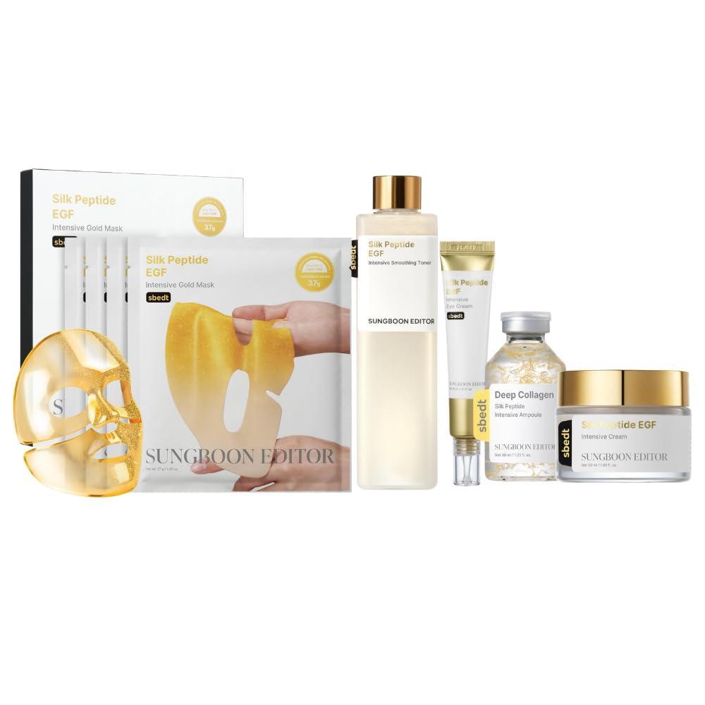 imageSUNGBOON EDITOR Ultimate Full Face firmlooking Silk Peptides EGF SetDeep Collagen Silk Peptide Intensive Ampoule amp Silk Peptides EGF Toner amp Cream amp Eye Cream amp Intensive Gold Overnight MaskKorean