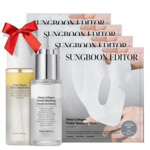 SUNGBOON EDITOR Collagen Boosting TRIO: Deep Collagen Mask (4ea) & Serum Mist & Cream in Serum, Best Korean Glow Mist Care Set, Skincare Gift Sets for Mom