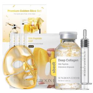 SUNGBOON EDITOR Premium Golden Glow Set, Silk Peptide Ampoule and Gold Mask Set with 24K Gold, Copper Peptides, 30 Peptides, Overnight Hydration and Radiance Care, Korean Skincare Gift Set