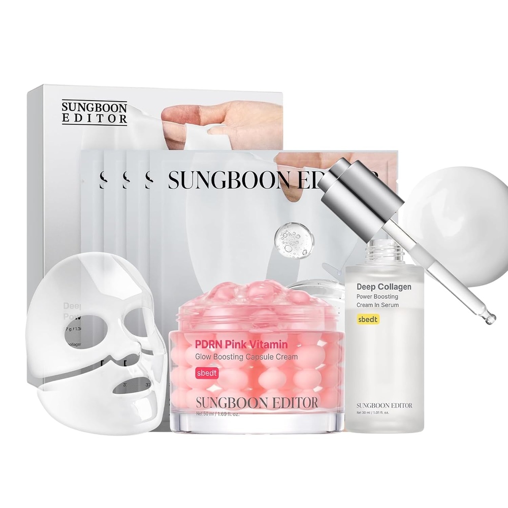 image:imageSUNGBOON EDITOR FirmLooking Pink Glow Trio Set Boosting Mask 4 Count  Deep Collagen Serum  PDRN Capsule Cream Korean Skincare Gift Set for Women