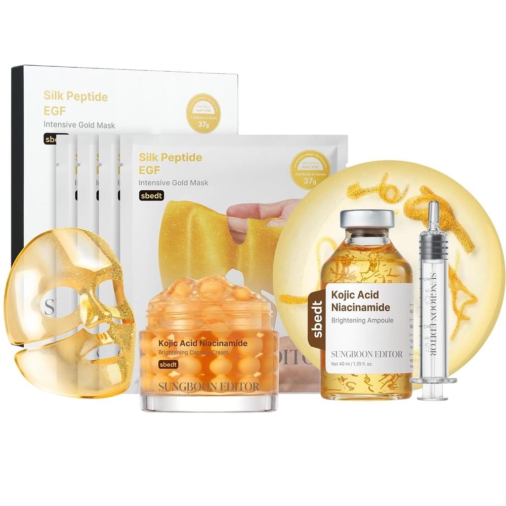 image:imageSUNGBOON EDITOR Golden Tone Glow Trio Set Kojic Acid Ampoule  Kojic Capsule Cream  Gold Mask 4 Count Korean Skincare Gift Set for Women
