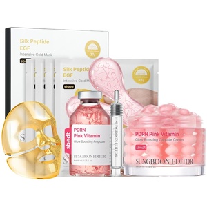 SUNGBOON EDITOR Golden Pink Glow Trio Set, PDRN Ampoule + PDRN Capsule Cream + Gold Mask 4 Count, Korean Skincare Gift Set for Women