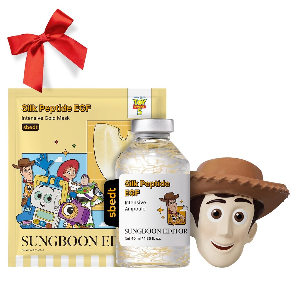 image:imageSUNGBOON EDITOR Toy Story 5 Skincare Gift Set Silk Peptide EGF Ampoule 135 fl oz Deep Collagen Gold Overnight Mask 4 ct amp Woody Squishy