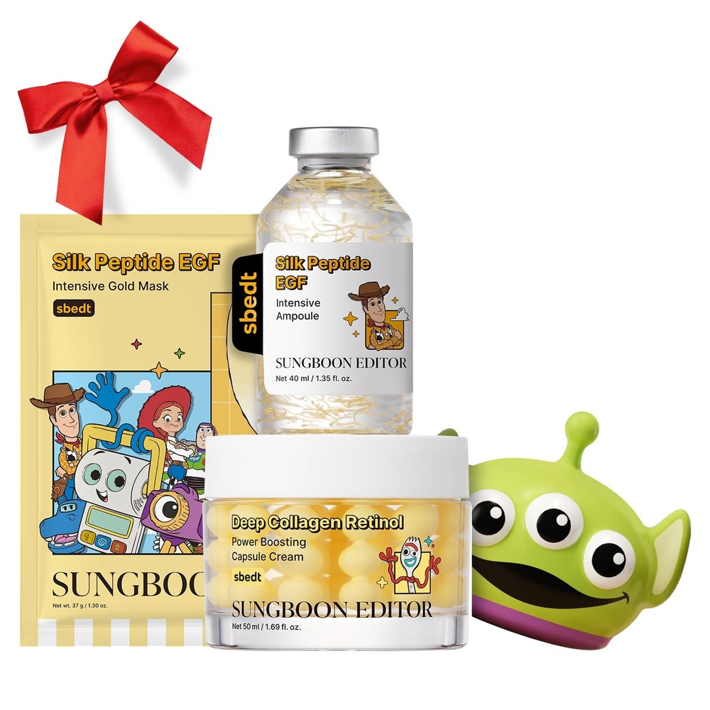 image:imageSUNGBOON EDITOR Toy Story 5 Skincare Gift Set Silk Peptide EGF Ampoule 135 fl oz Deep Collagen Retinol Capsule Cream 169 fl oz Deep Collagen Gold Overnight Mask 4 ct amp Alien Squishy