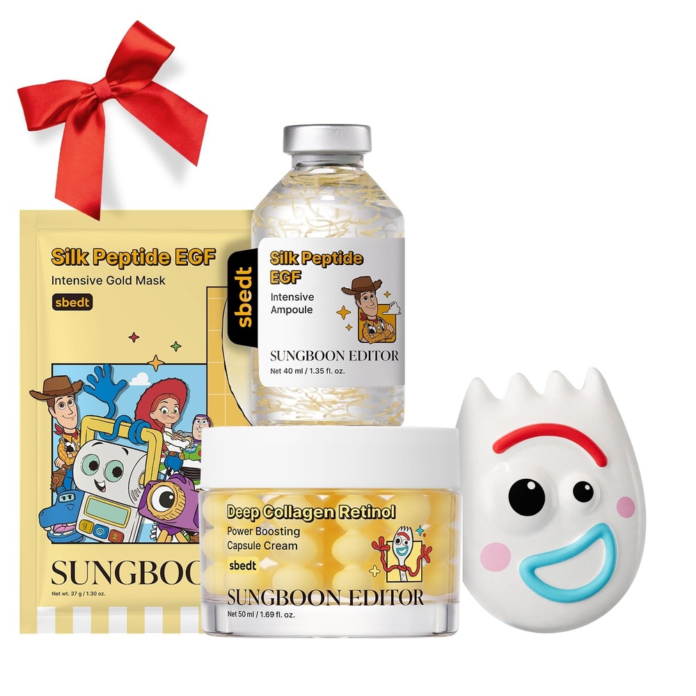 image:imageSUNGBOON EDITOR Toy Story 5 Skincare Gift Set Silk Peptide EGF Ampoule 135 fl oz Deep Collagen Retinol Capsule Cream 169 fl oz Deep Collagen Gold Overnight Mask 4 ct amp Forky Squishy